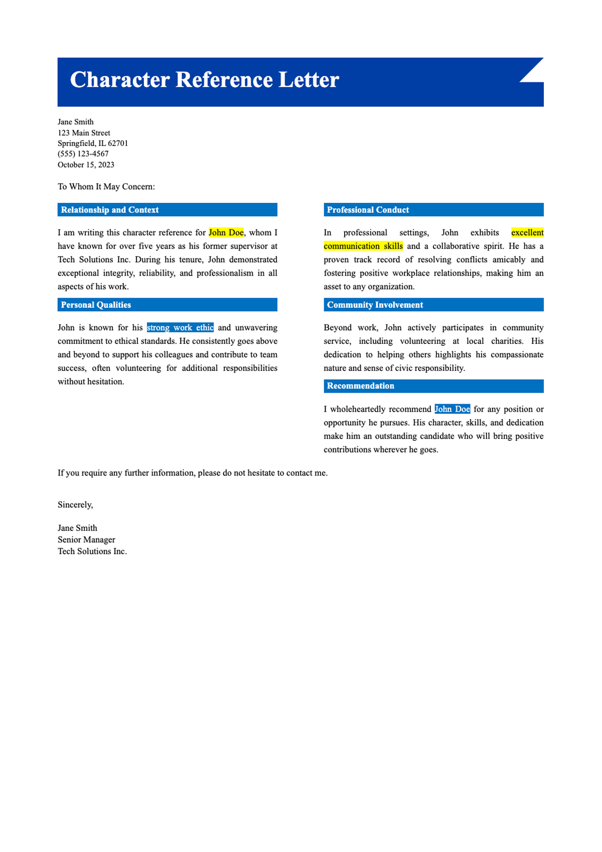 Professional character reference letter template with blue header and placeholder text_variant_3